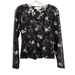 Vintage Y2K Brown & White Floral Mesh Long Sleeve Top V-Neck - Size XS